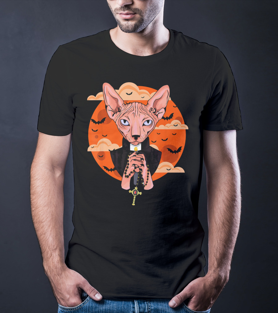 Funny Sphynx Priest With Rosary And Bats Hall T-Shirt