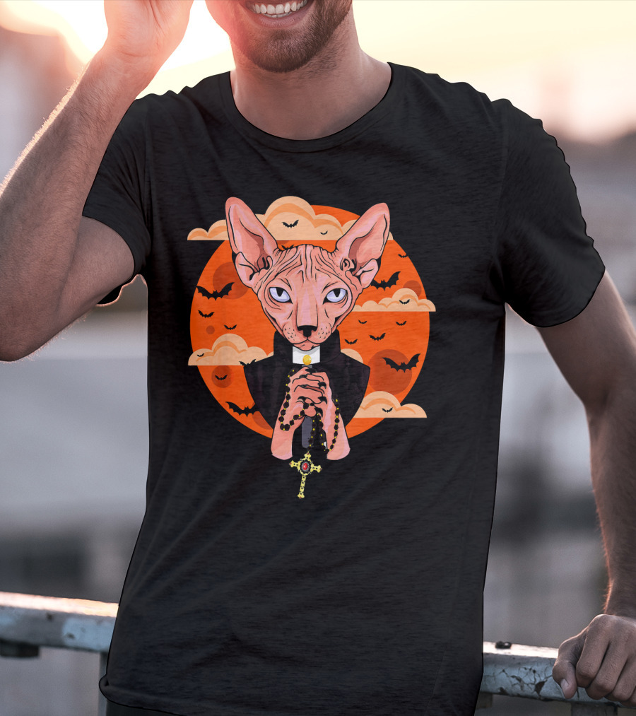 Funny Sphynx Priest With Rosary And Bats Hall T-Shirt