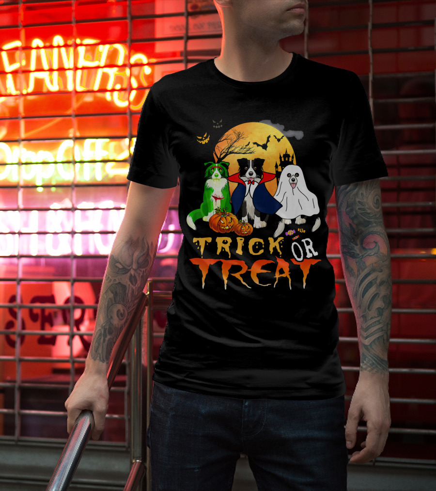 Trick Or Treat Halloween Border Collie Costumes Pumpkins Haunted Moon T-Shirt