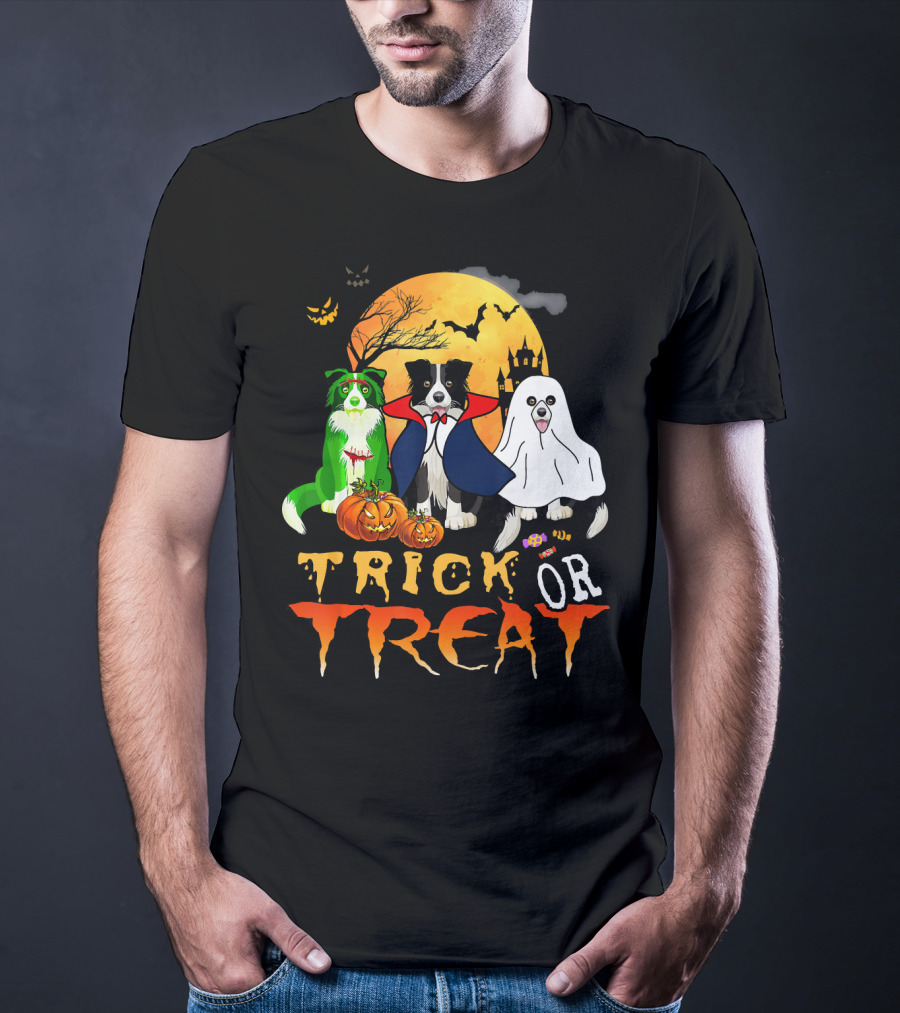 Trick Or Treat Halloween Border Collie Costumes Pumpkins Haunted Moon T-Shirt