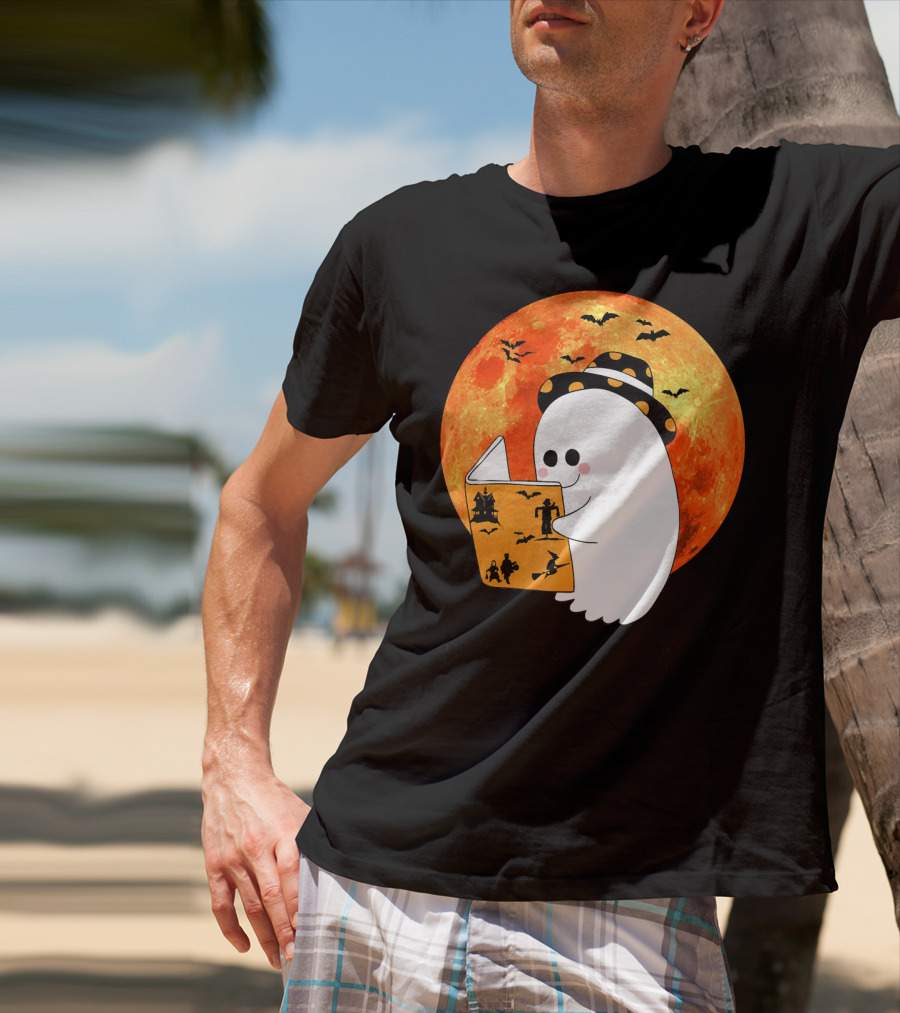 Halloween Ghost Reading Boo Books With Orange Moon And Bats T-Shirt