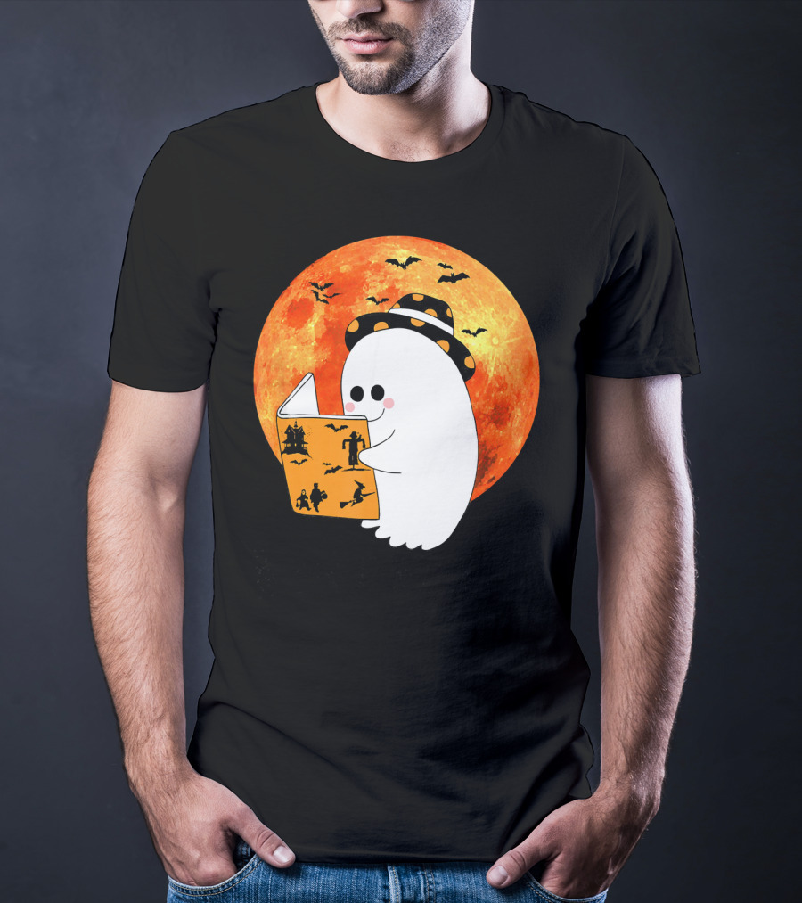 Halloween Ghost Reading Boo Books With Orange Moon And Bats T-Shirt