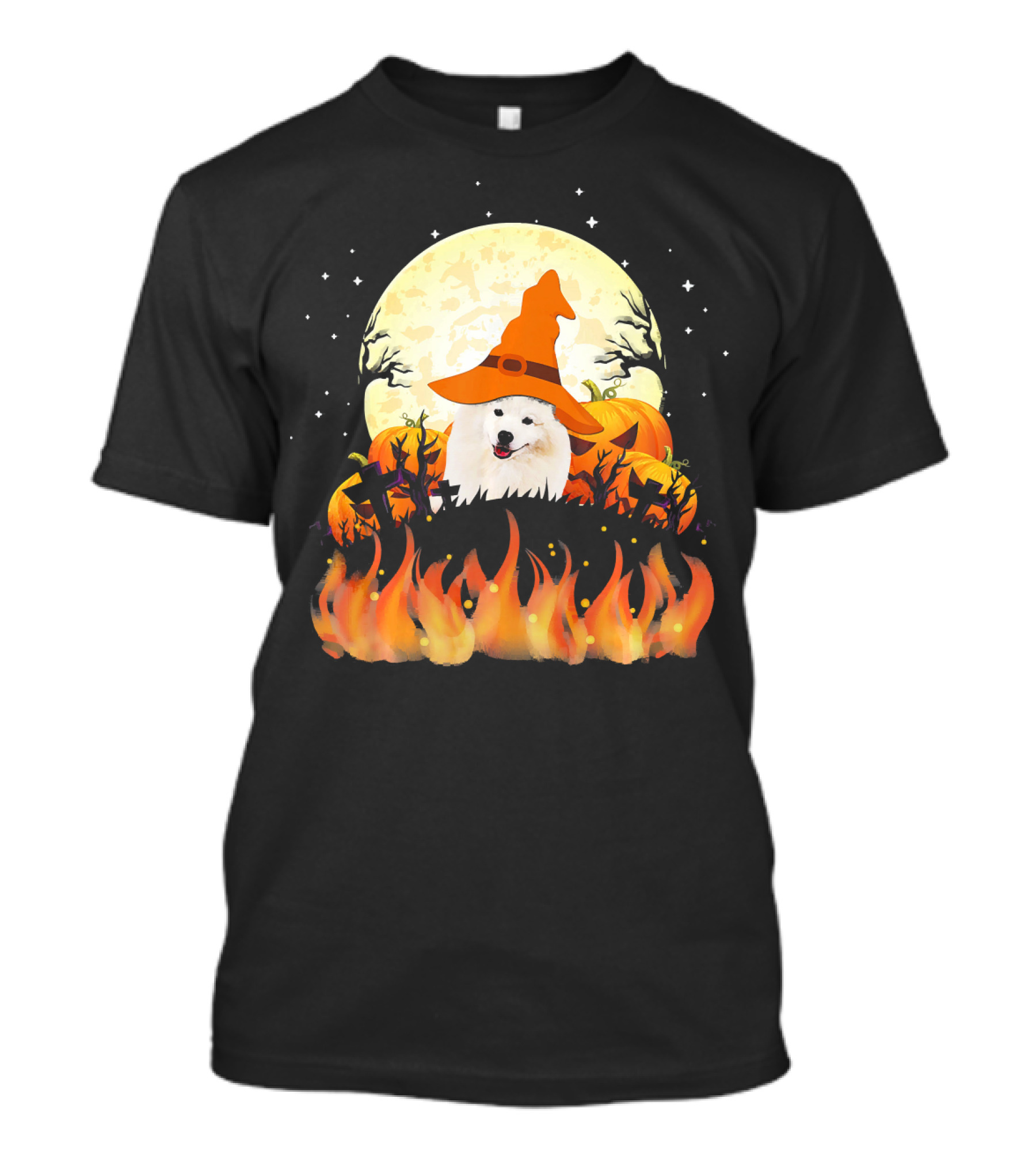 American Eskimo Dog Halloween Witch Moon Pumpkins Flames T-Shirt