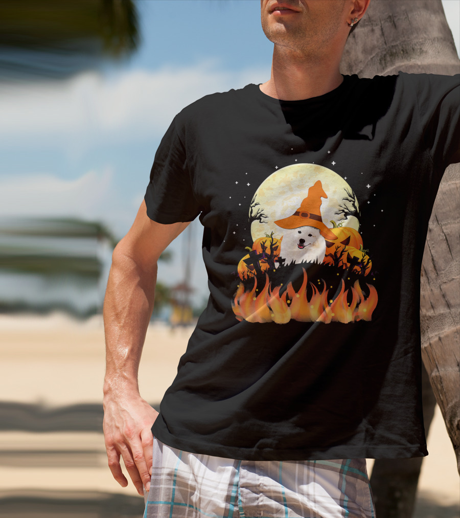 American Eskimo Dog Halloween Witch Moon Pumpkins Flames T-Shirt