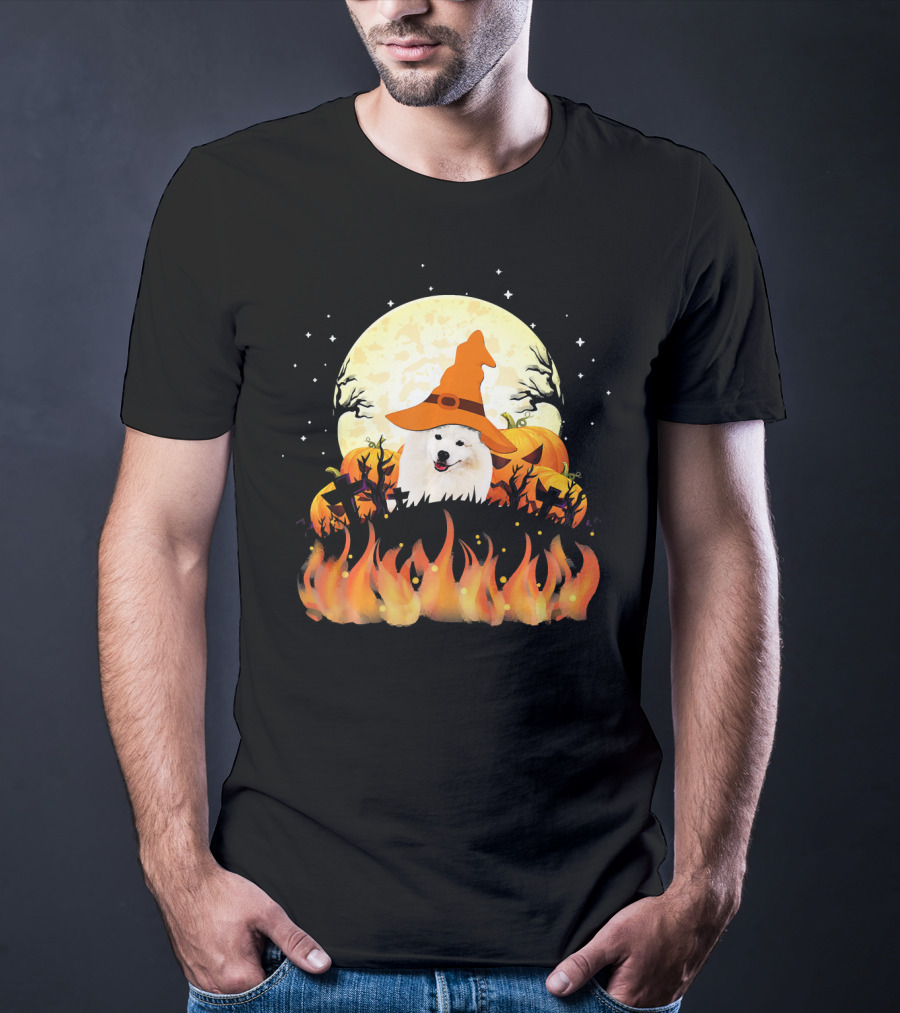 American Eskimo Dog Halloween Witch Moon Pumpkins Flames T-Shirt