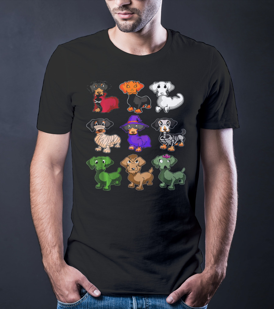 Dachshund Halloween Costumes Dracula Pumpkin Ghost Mummy Witch Skeleton Zombie Frankenstein T-Shirt