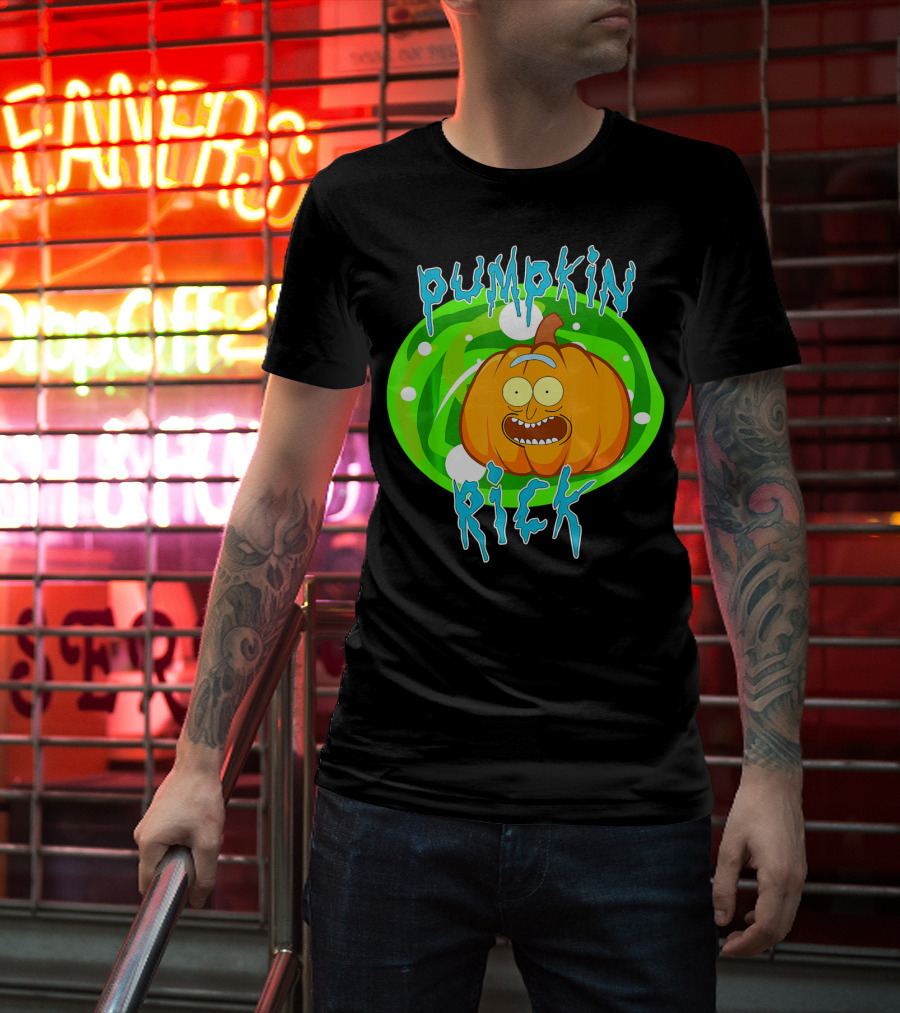 Pumpkin Rick Halloween Parody With Green Portal And Cartoon Face T-Shirt