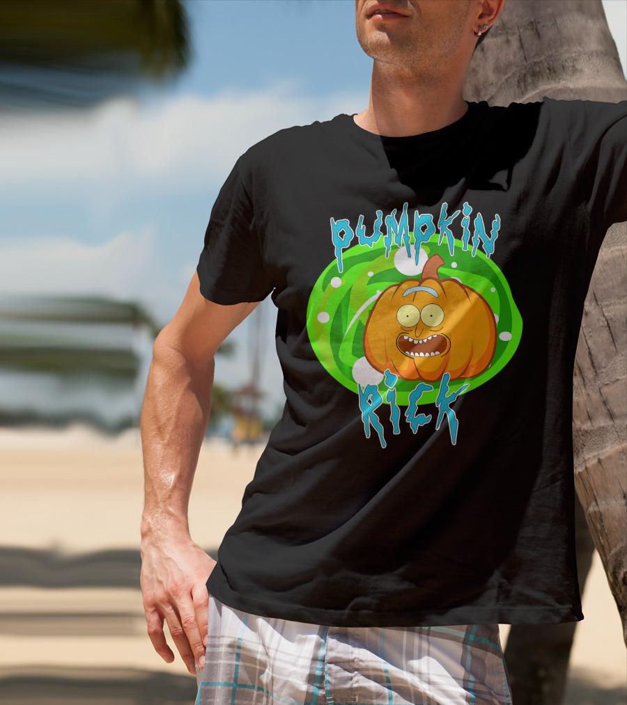 Pumpkin Rick Halloween Parody With Green Portal And Cartoon Face T-Shirt