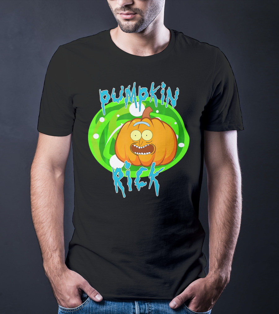 Pumpkin Rick Halloween Parody With Green Portal And Cartoon Face T-Shirt