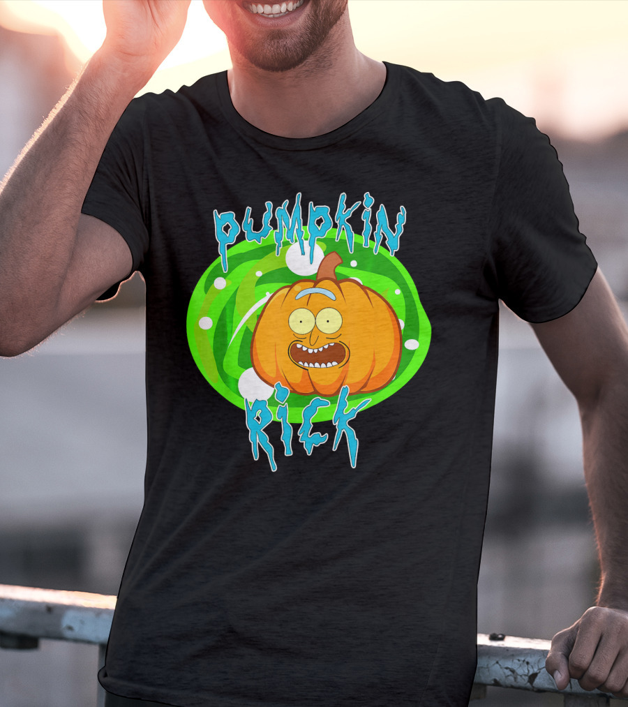Pumpkin Rick Halloween Parody With Green Portal And Cartoon Face T-Shirt