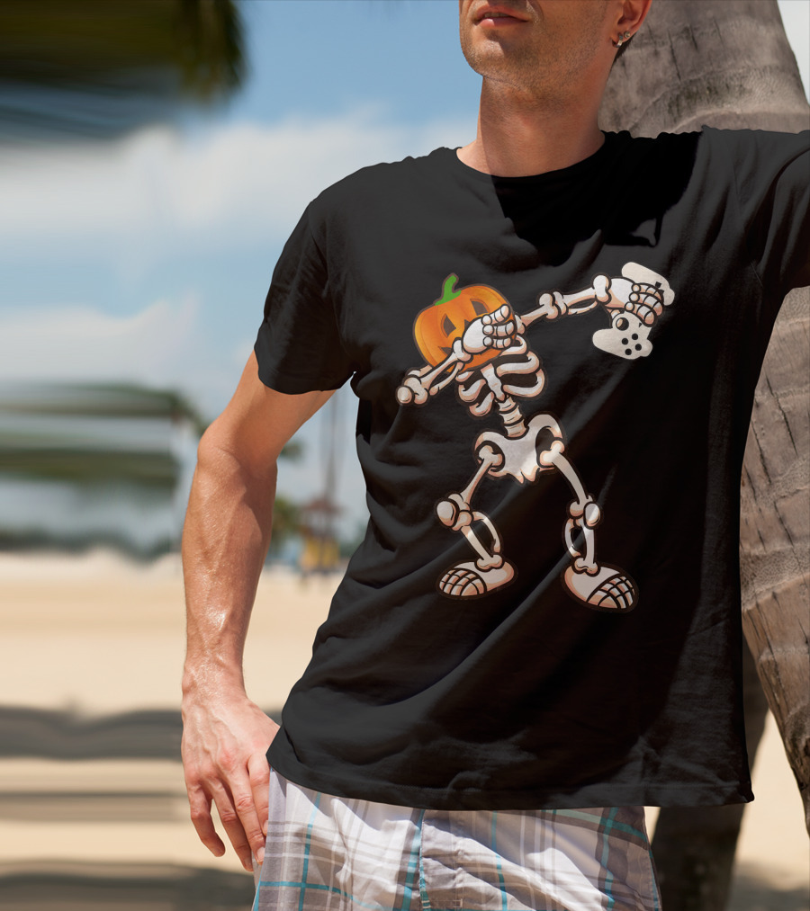 Halloween Dabbing Skeleton Pumpkin Head Video Game Controller T-Shirt