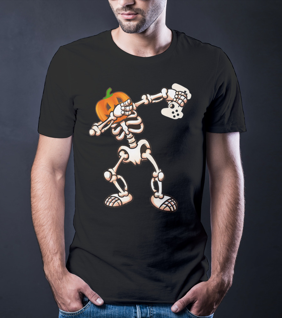 Halloween Dabbing Skeleton Pumpkin Head Video Game Controller T-Shirt