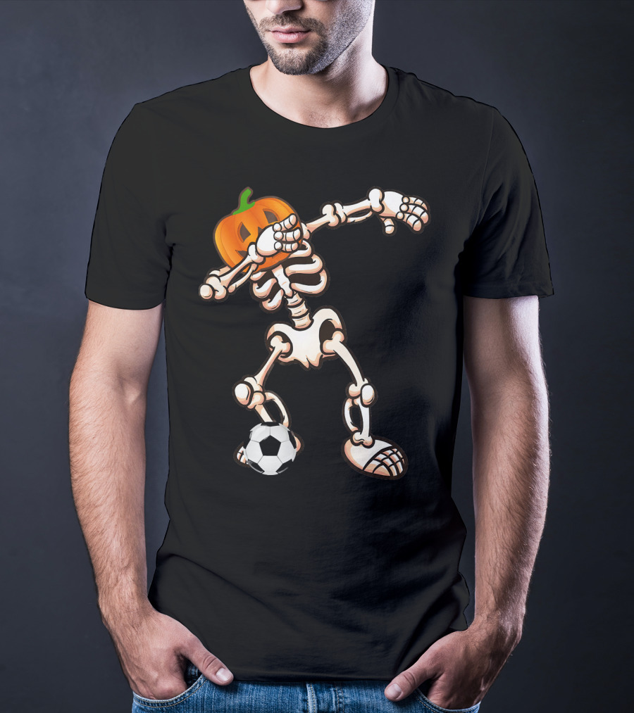Funny Halloween Dabbing Skeleton Pumpkin Head With Soccer Ball T-Shirt