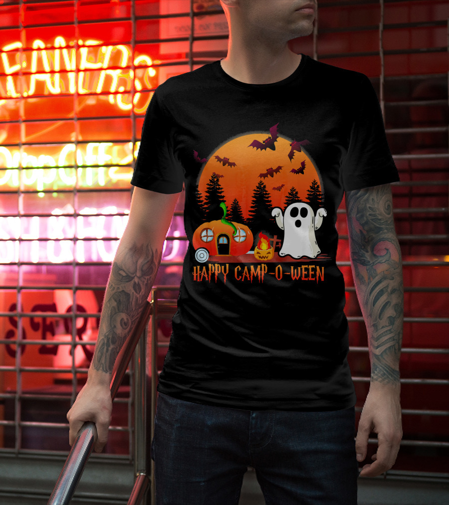 Happy Camp O Ween Funny Pumpkin Boo Ghost Moon With Bat Silhouette In Spooky Forest T-Shirt