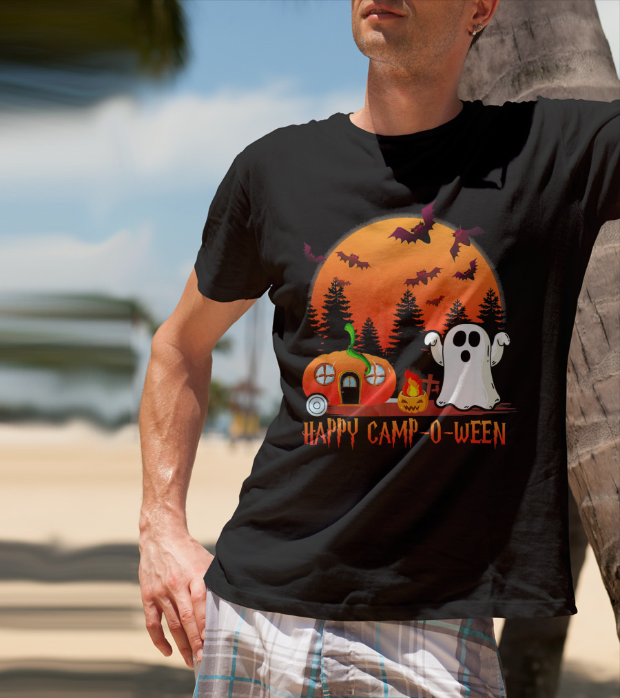 Happy Camp O Ween Funny Pumpkin Boo Ghost Moon With Bat Silhouette In Spooky Forest T-Shirt