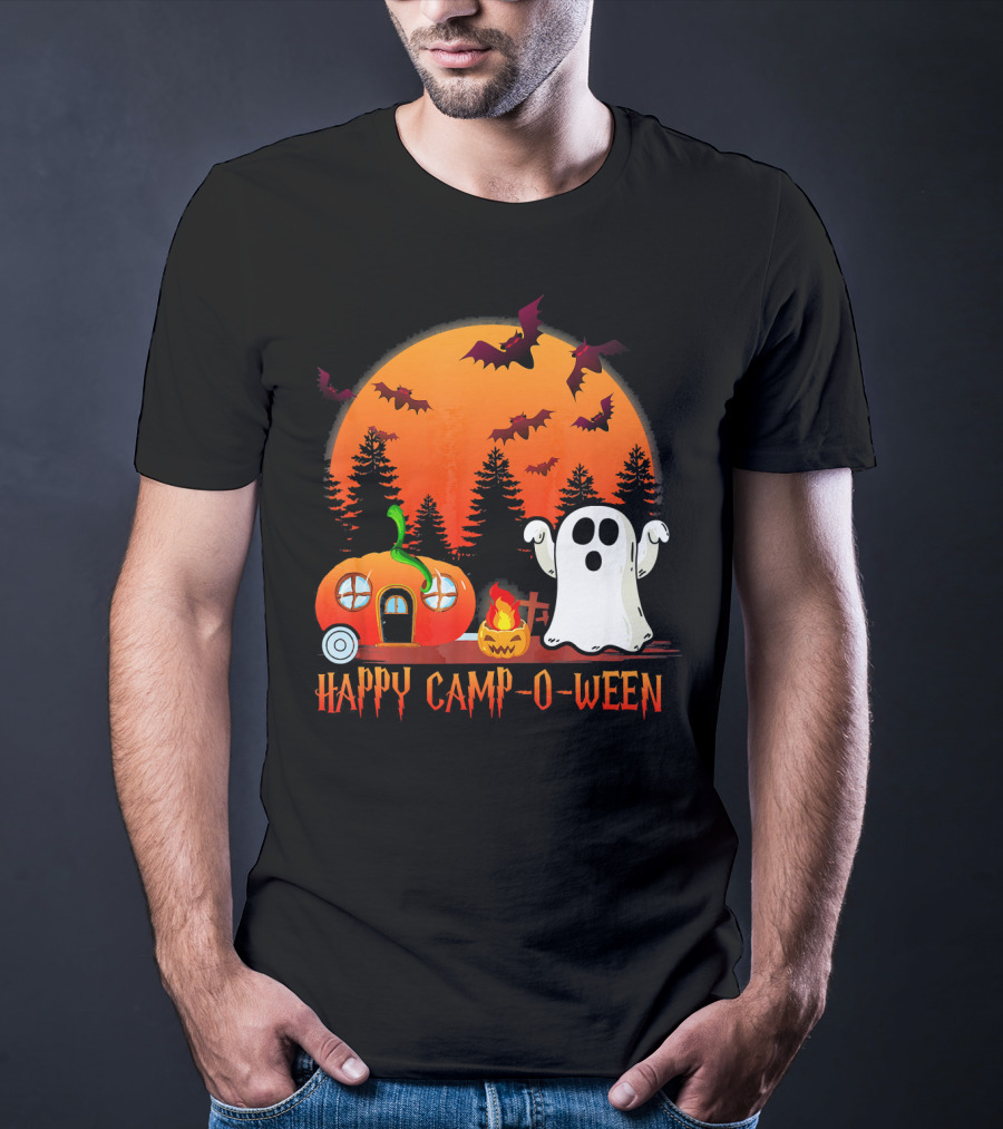 Happy Camp O Ween Funny Pumpkin Boo Ghost Moon With Bat Silhouette In Spooky Forest T-Shirt
