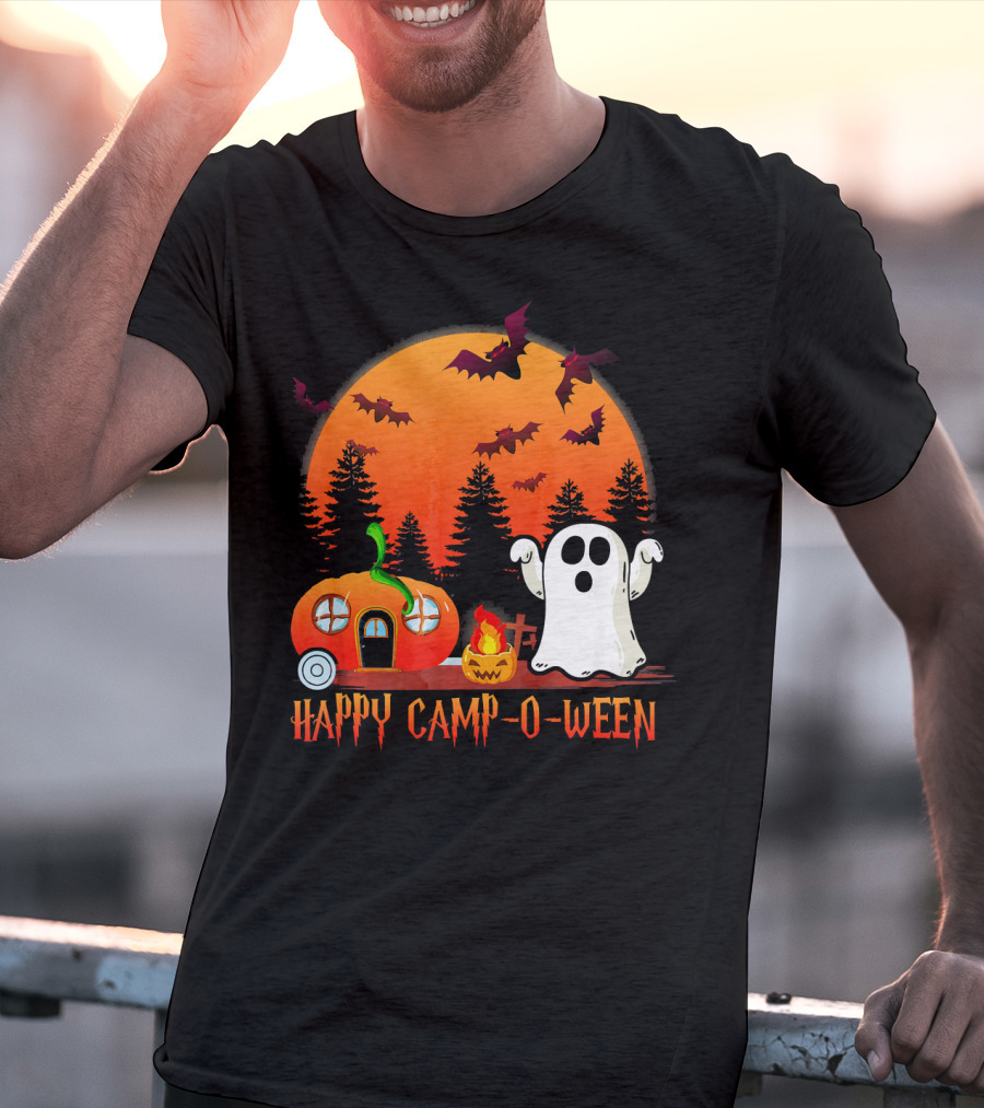 Happy Camp O Ween Funny Pumpkin Boo Ghost Moon With Bat Silhouette In Spooky Forest T-Shirt