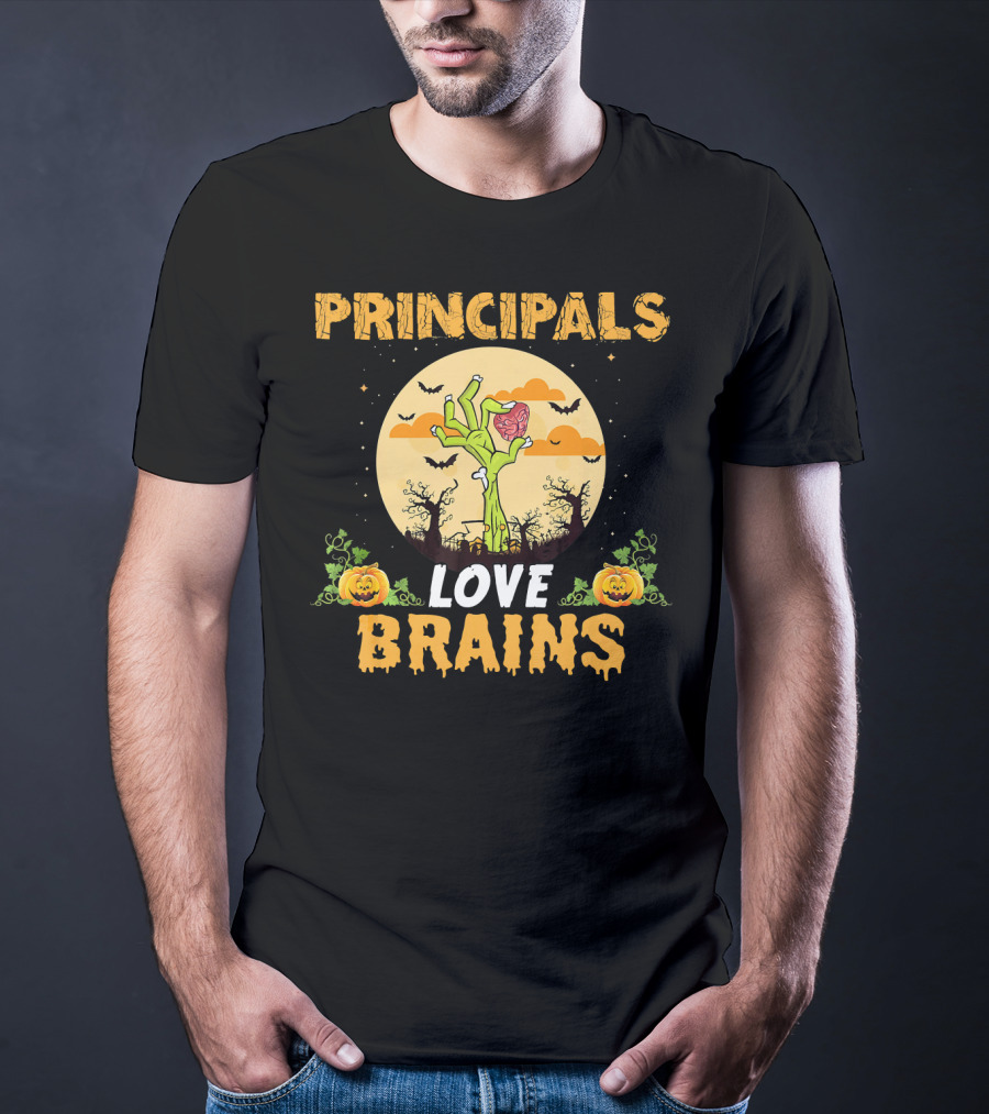 Principals Love Brains Zombies Halloween Moon Bats Pumpkins T-Shirt