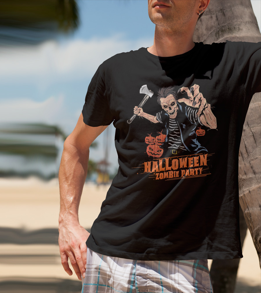Halloween Zombie Party Scary Zom Axe-Wielding Zombie And Pumpkins T-Shirt
