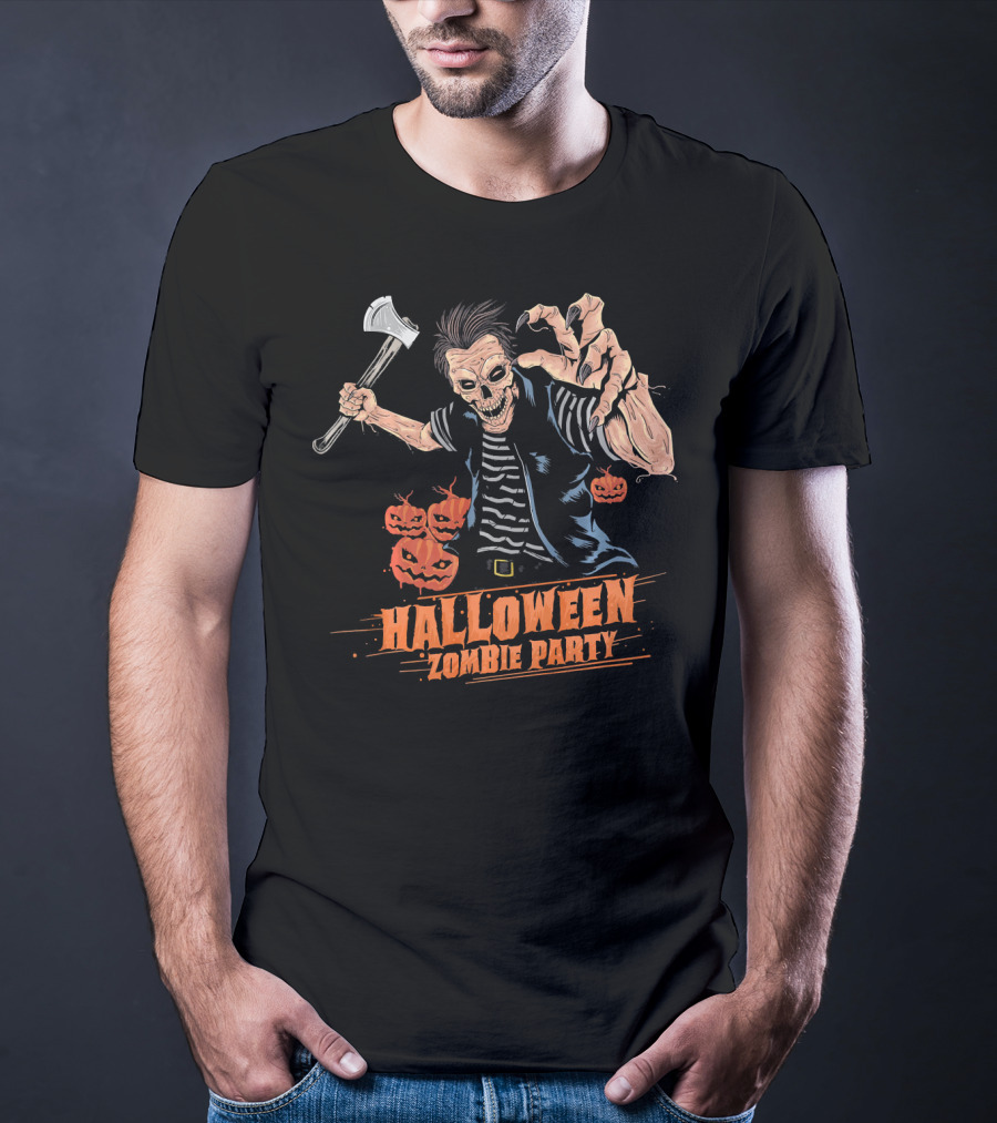Halloween Zombie Party Scary Zom Axe-Wielding Zombie And Pumpkins T-Shirt