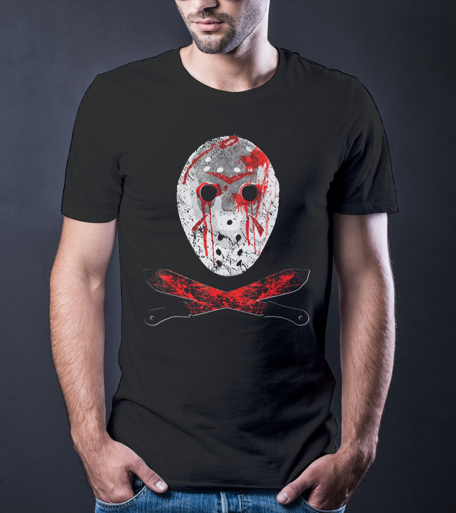 Friday The 13th Jason Mask Bloody Machete Crossed Horror T-Shirt