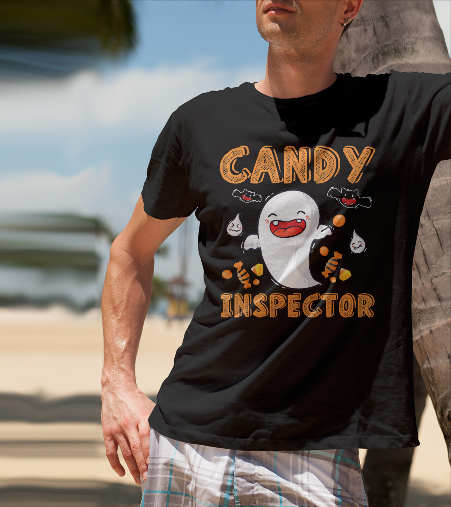 Candy Inspector Ghost Halloween Co Spooky Fun With Bats And Sweets T-Shirt