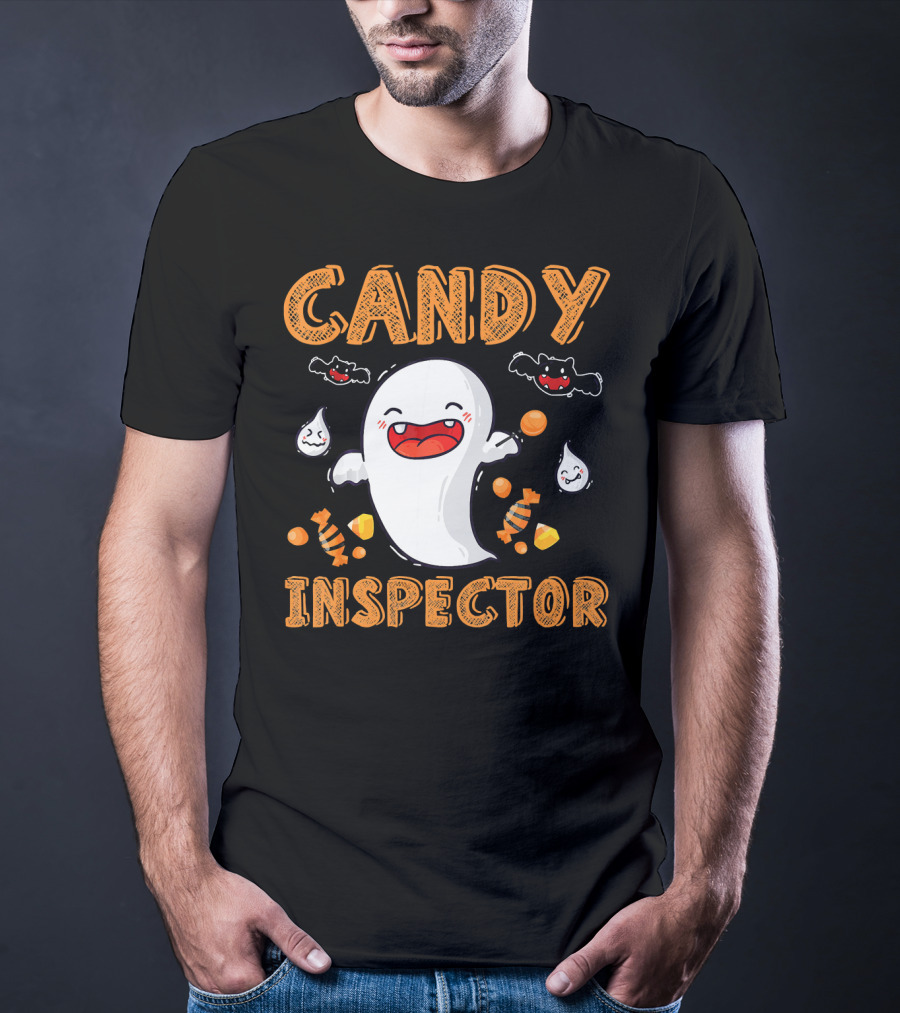 Candy Inspector Ghost Halloween Co Spooky Fun With Bats And Sweets T-Shirt