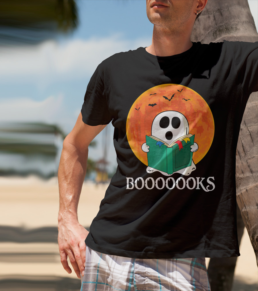 Funny Halloween Booooks Cute Ghost Reading With Full Moon And Bats T-Shirt