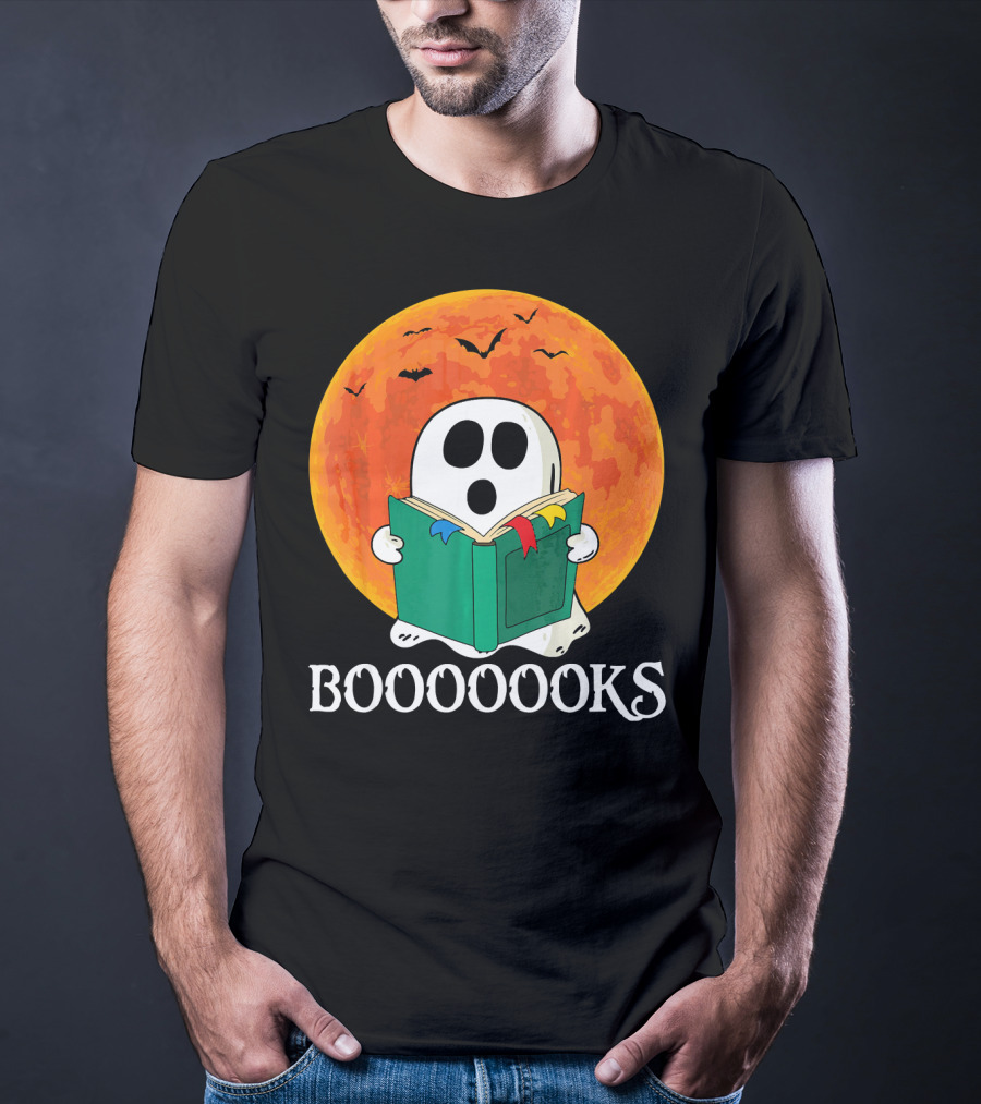 Funny Halloween Booooks Cute Ghost Reading With Full Moon And Bats T-Shirt