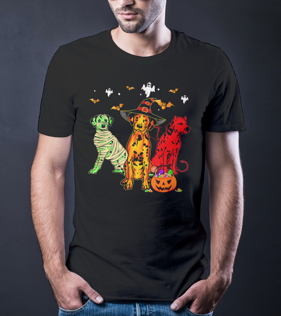 Funny Dalmatian Halloween Witch Mummy Devil Costume Party With Ghosts And Bats T-Shirt