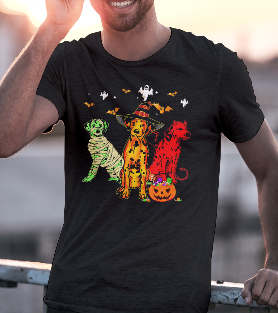Funny Dalmatian Halloween Witch Mummy Devil Costume Party With Ghosts And Bats T-Shirt