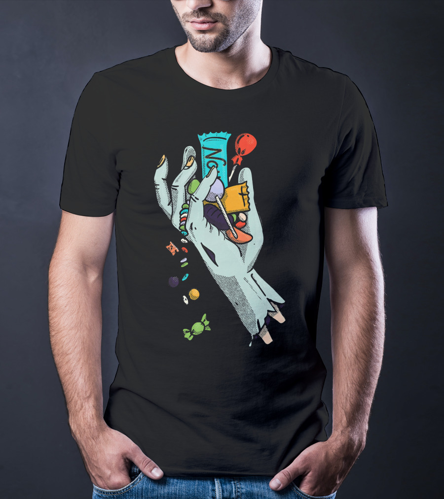 Holidaze Trick Or Treat Zombie Hand No Treats Candies Balloon T-Shirt