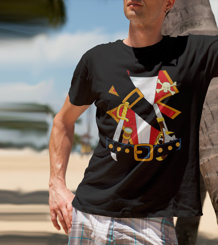 Pirate Costume Skull Crossbones Sword Pistol Belt T-Shirt