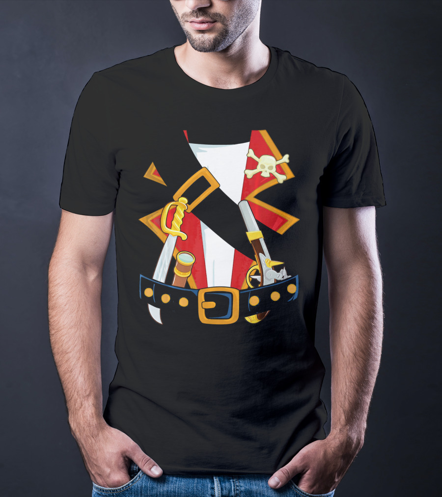 Pirate Costume Skull Crossbones Sword Pistol Belt T-Shirt