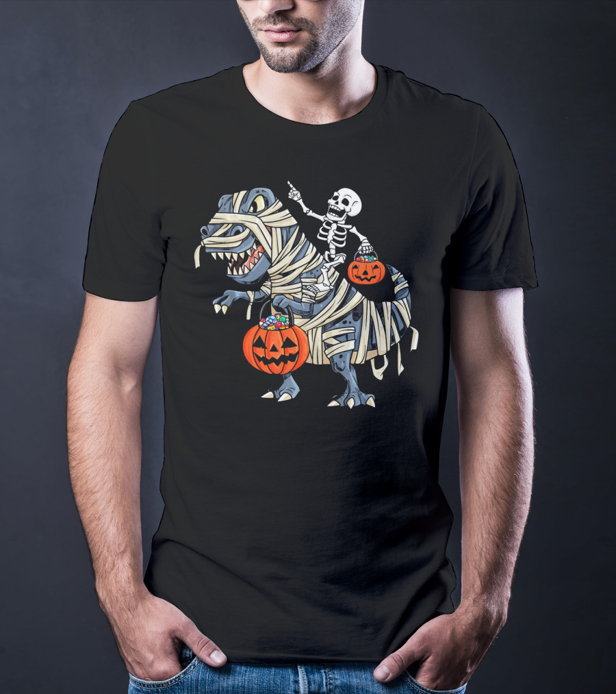 Skeleton Riding Mummy T-Rex With Pumpkin Candy Buckets Halloween Bo T-Shirt