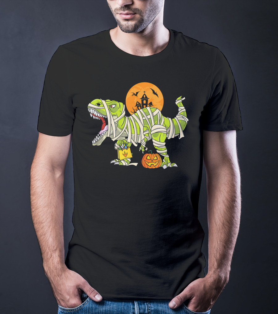 Funny Halloween Rex Dinosaur Mummy With Pumpkin And Haunted House T-Shirt