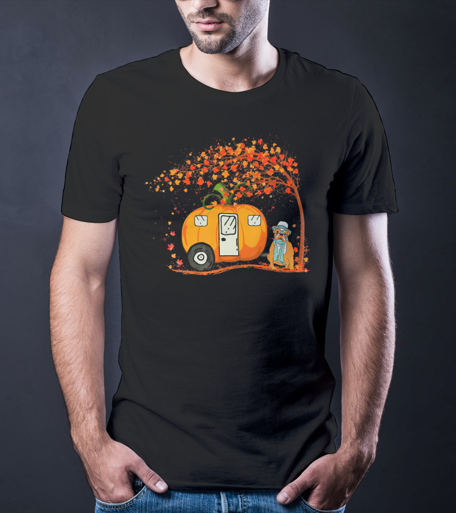 Bulldog With Pumpkin Camping Van Under Autumn Tree T-Shirt