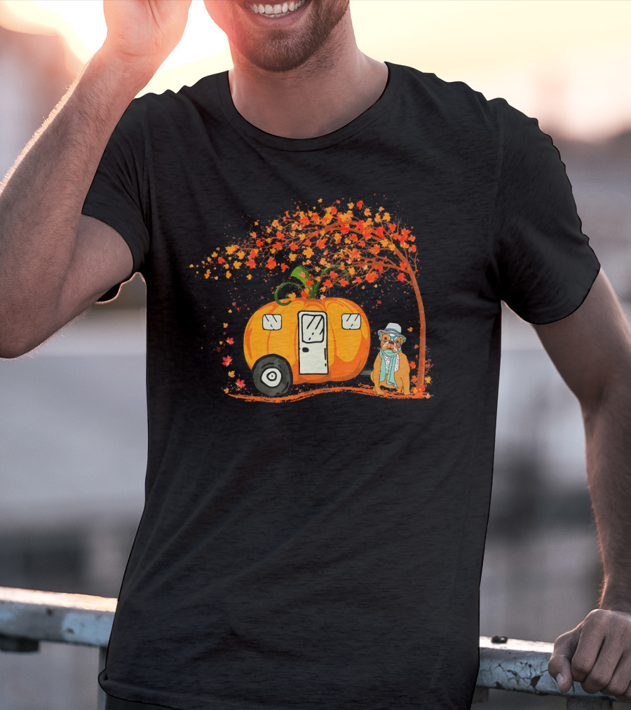 Bulldog With Pumpkin Camping Van Under Autumn Tree T-Shirt