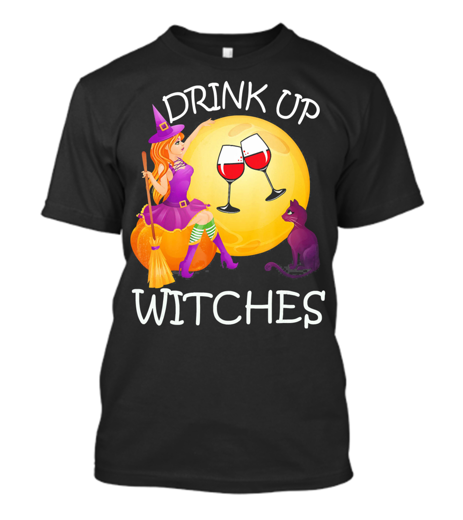 Drink Up Witches Halloween Wine Moon Cat Broomsticks T-Shirt