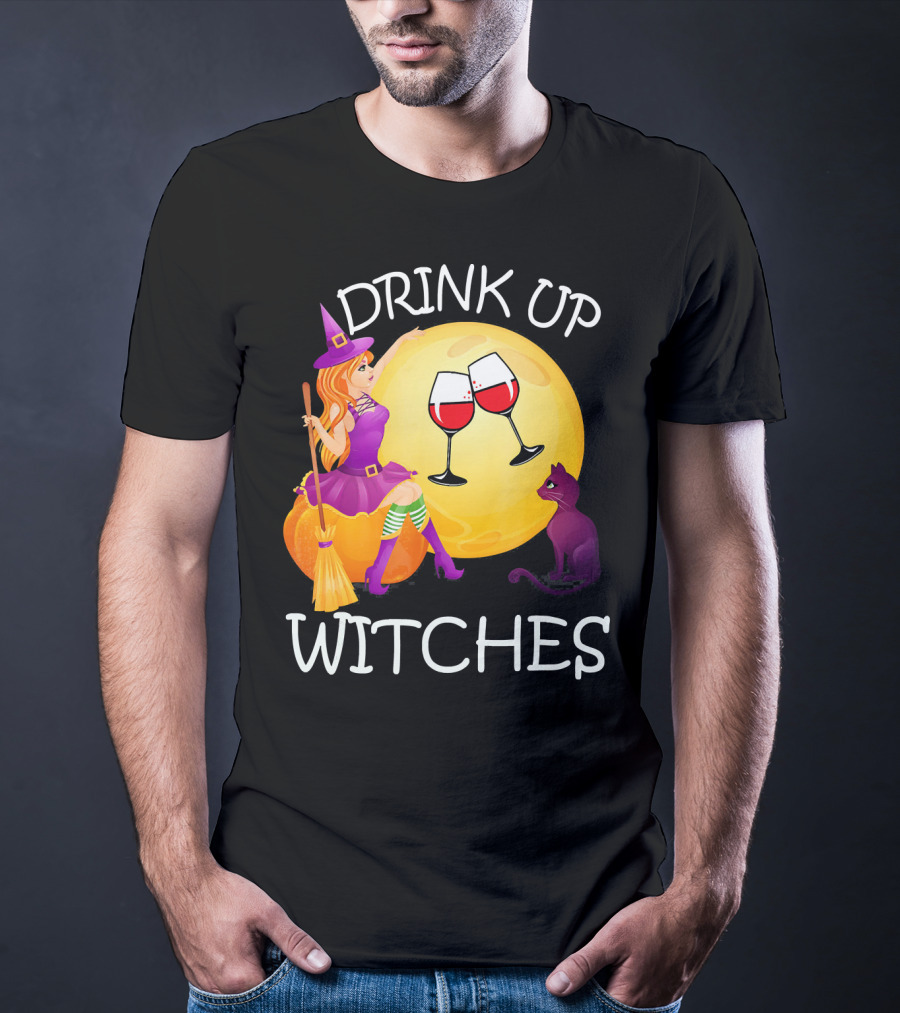 Drink Up Witches Halloween Wine Moon Cat Broomsticks T-Shirt