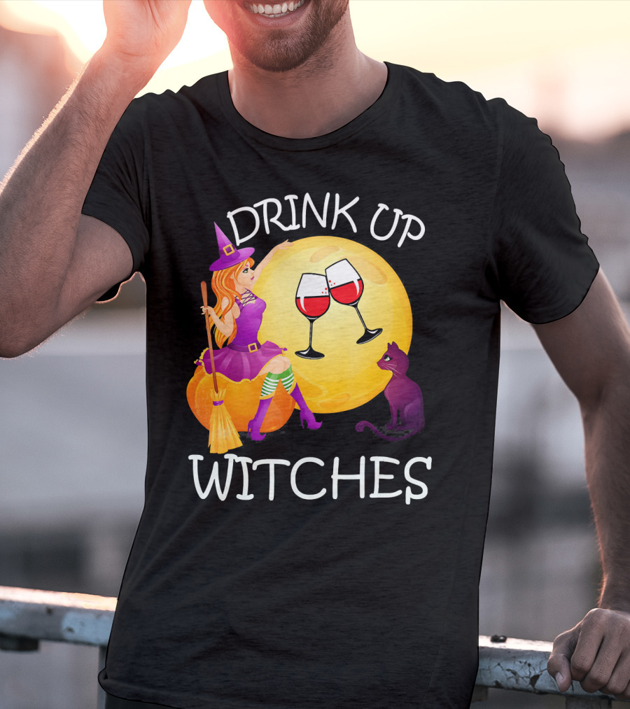 Drink Up Witches Halloween Wine Moon Cat Broomsticks T-Shirt