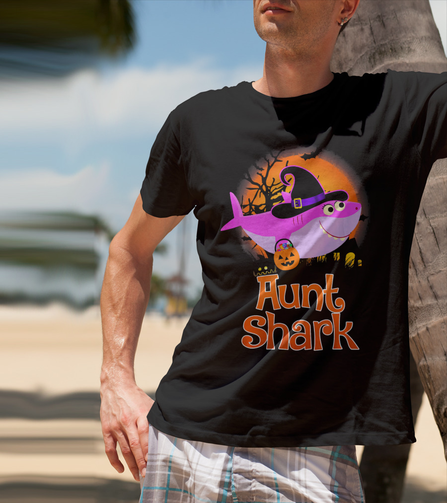 Aunt Shark Halloween Witch With Pumpkin On Orange Full Moon T-Shirt