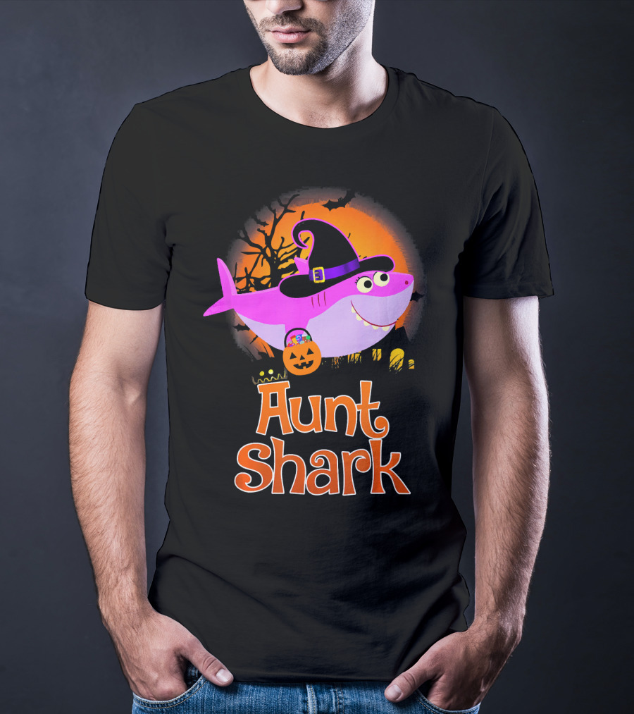 Aunt Shark Halloween Witch With Pumpkin On Orange Full Moon T-Shirt