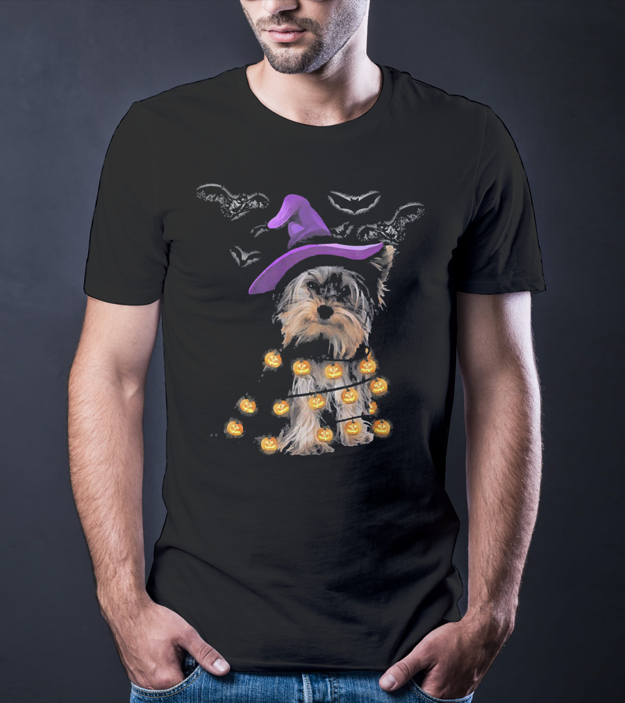 Yorkie In Witch Hat With Pumpkin Lights And Bats T-Shirt