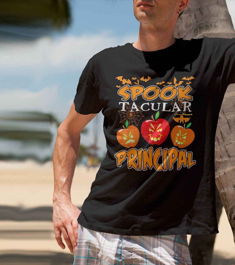 Spooktacular Principal Halloween Pumpkins And Bats T-Shirt