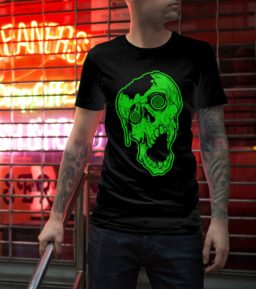 Retro Neon Zombie Skull Skateboarding Style 80s T-Shirt