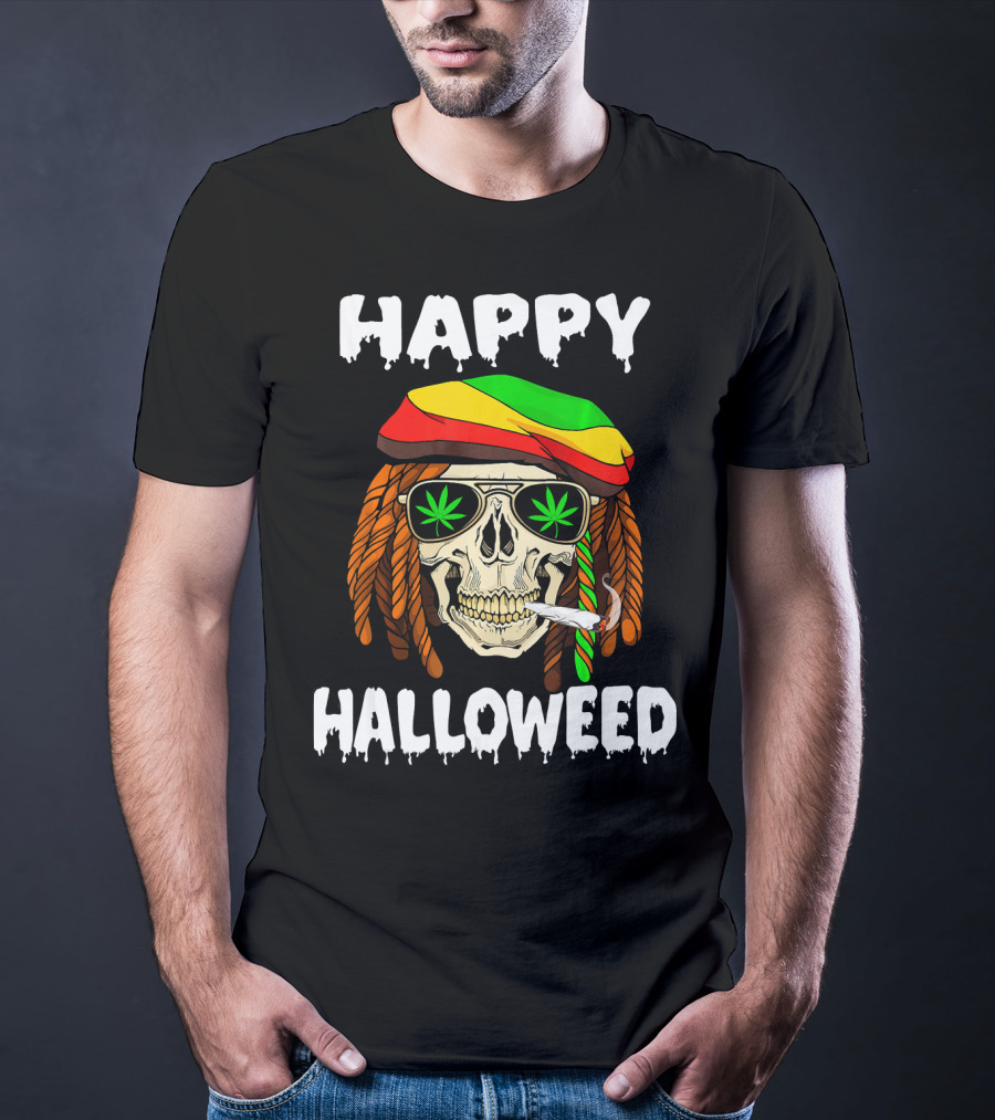 Happy Halloweed Smoking Rasta Skull With Cannabis Sunglasses T-Shirt