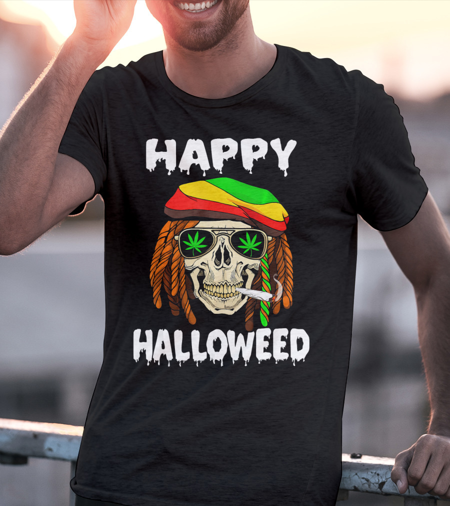 Happy Halloweed Smoking Rasta Skull With Cannabis Sunglasses T-Shirt