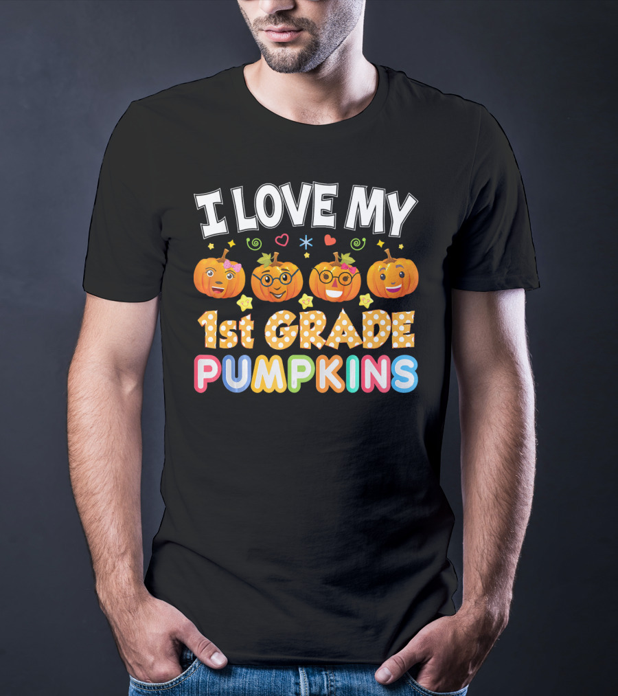 I Love My 1st Grade Pumpkins Halloween Emojis And Stars T-Shirt