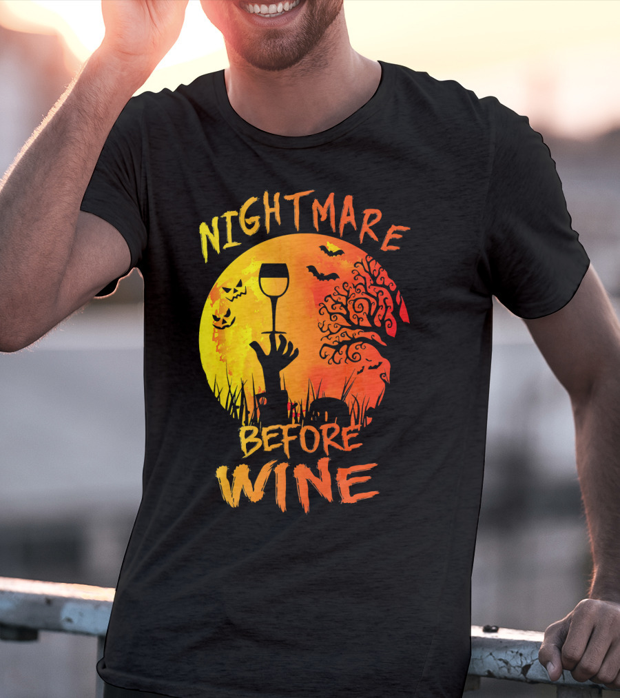 Nightmare Before Wine Halloween Scary Moon Scene T-Shirt